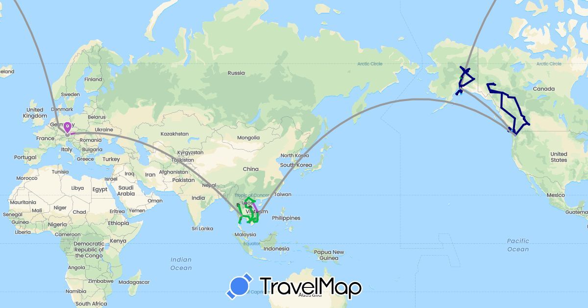 TravelMap itinerary: driving, bus, plane, cycling, train, hiking, boat, hitchhiking, motorbike in Austria, Canada, Germany, Cambodia, Laos, Thailand, United States, Vietnam (Asia, Europe, North America)